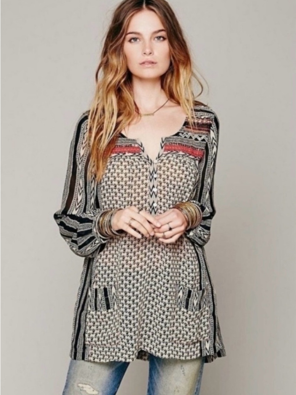 Free People 'Feather In The Wind' Sheer Tribal Print Long Sleeve Beaded Tunic M